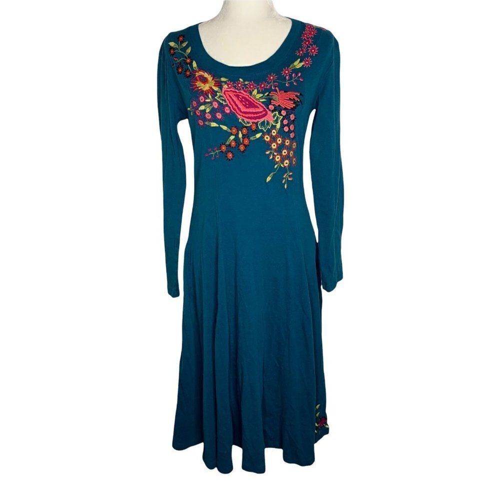 J Peterman Embroidered Knit Jersey Dress S Teal Blue Crewneck Full Skirt